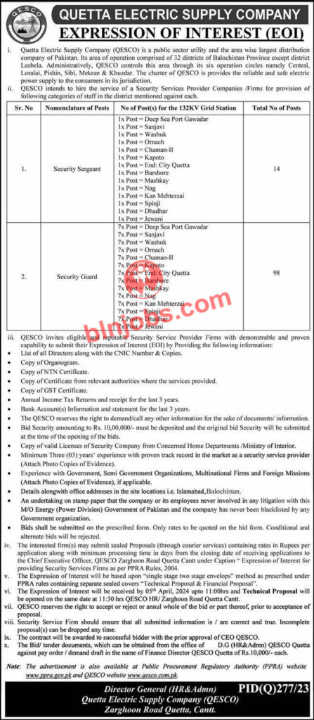 Quetta Electric Supply Company QESCO Jobs 2024 Balochistan Jobs