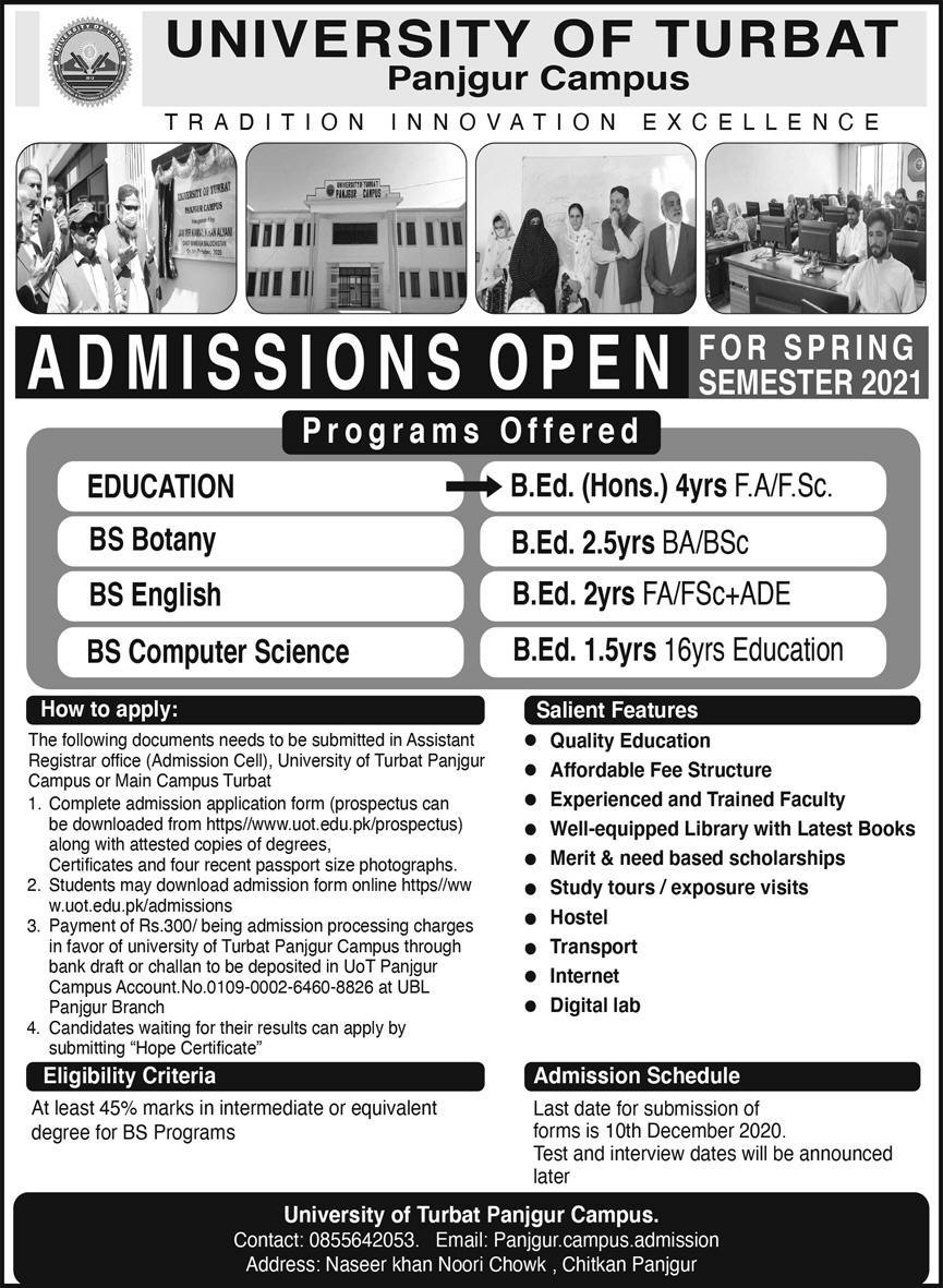 University of Turbat UOT Panjgur campus admission 2020