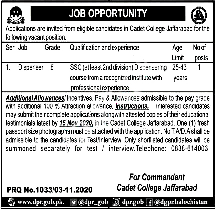 Cadet College Jaffarabad CCJ Jobs 2020 for Dispenser