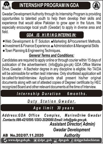 Gwadar Development Authority GDA Internship 2020