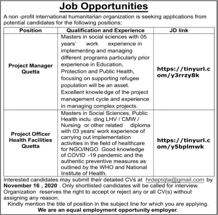 NGOs Jobs in Quetta Balochistan 2020