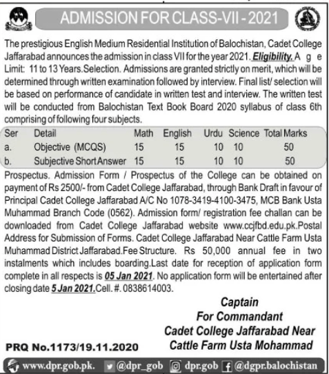 Cadet college Jaffarabad admission 2020