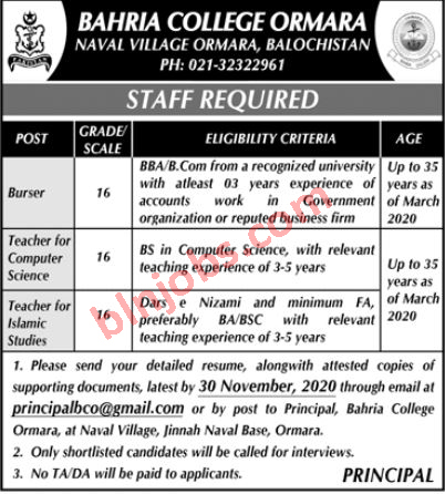 Bahria College Ormara Balochistan Jobs 