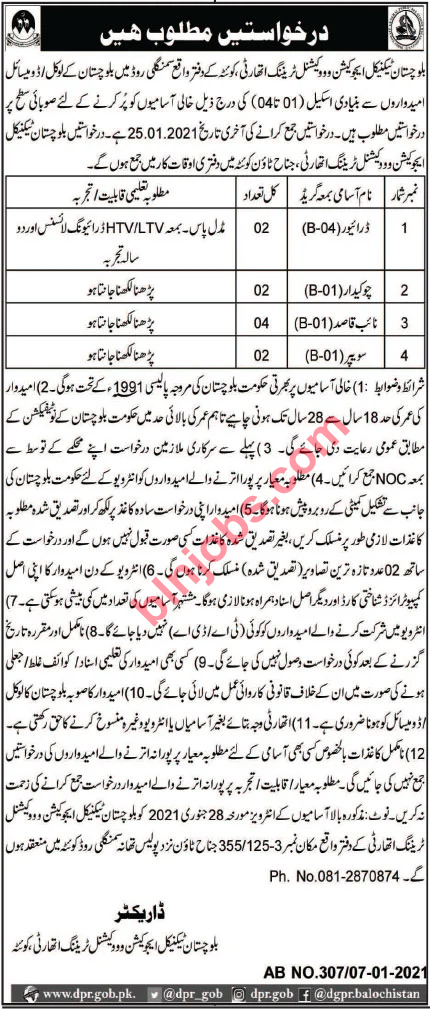 Balochistan Technical Education and Vocational Training Authority Quetta Jobs 2021