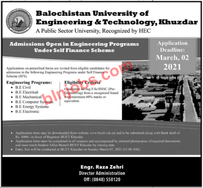Balochistan University of Engineering and Technology Khuzdar Admissions 2021