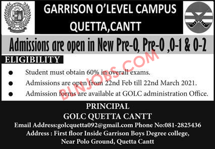 Garrison O Level Campus Quetta Cantt Admissions