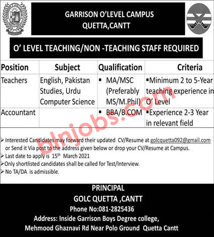 Garrison O Level Campus Quetta Cantt Jobs 2021