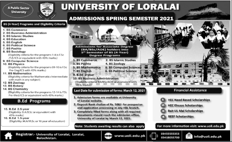 University of Loralai Admissions 2021