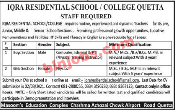 Iqra Residential School and College Quetta Jobs 2021