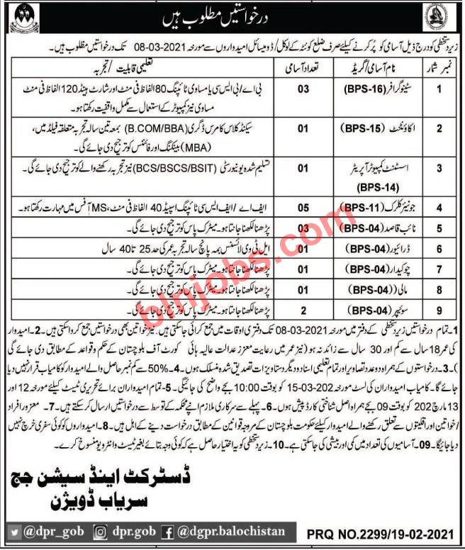 District and Session Court Sariab Jobs 2021