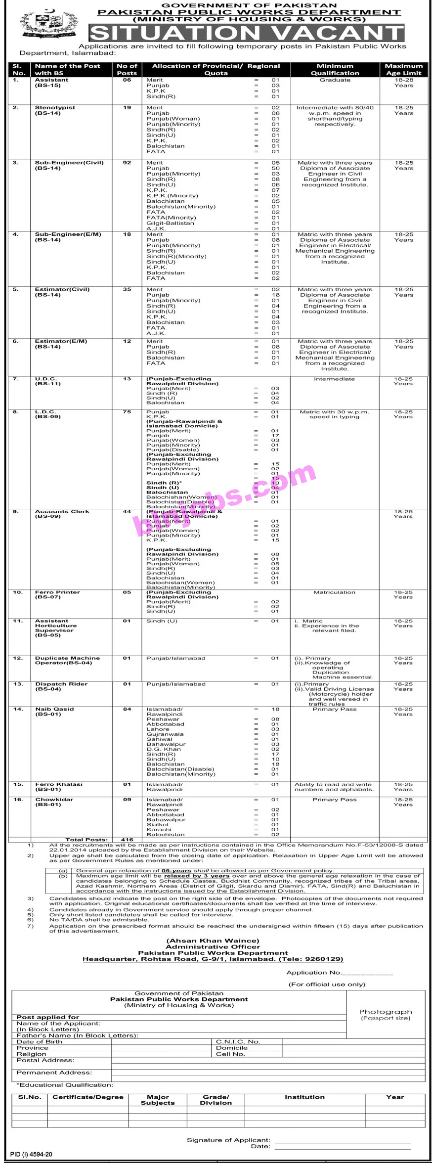 Ministry of Housing and Works Jobs 2021 Application Form
