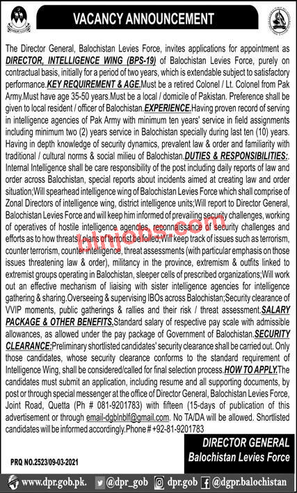 Balochistan Levis Force Intelligence Wing Jobs 2021