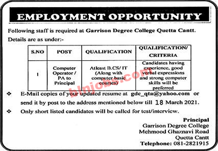 Garrison Degree College Quetta Cantt Jobs 2021