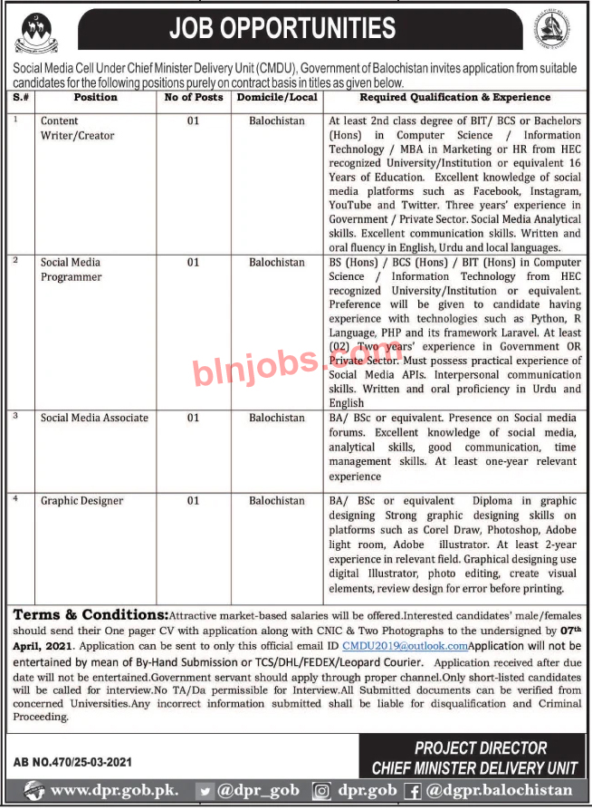 Chief Minister Delivery Unit Balochistan Jobs 2021