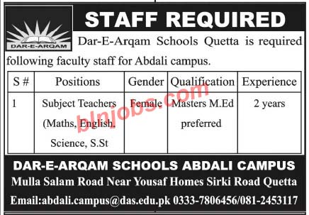 Dar e Arqam School Quetta Jobs 2021