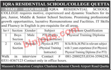 Iqra Residential School/College Quetta Jobs 2021