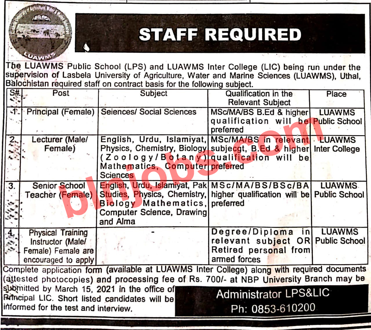 LUAWMS Uthal Jobs 2021 - LUAWMS Inter College and School Jobs 2021