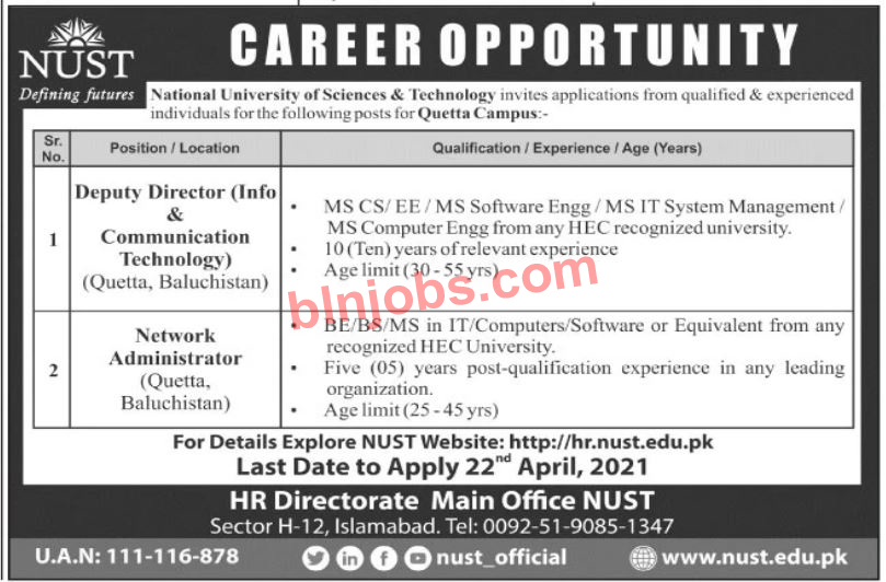 NUST Jobs 2021 in Quetta Campus