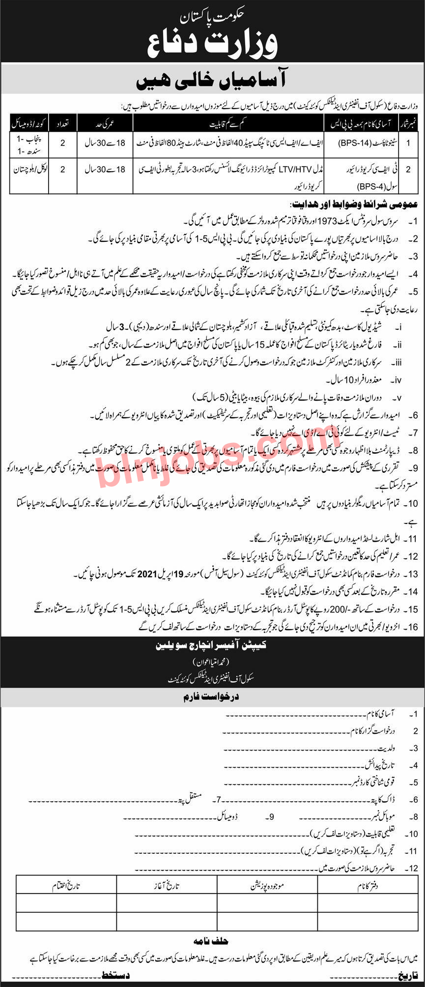 Ministry of Defence School of Infantry and Tactics Quetta Jobs 2021