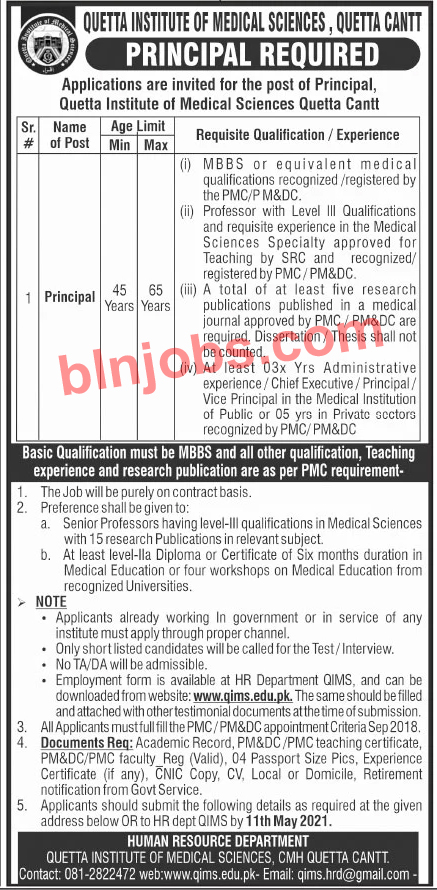 Quetta Institute of Medical Sciences Jobs 2021