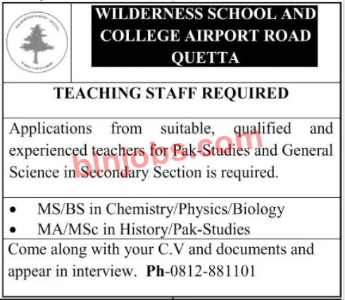 Wilderness School and College Quetta Jobs 2021
