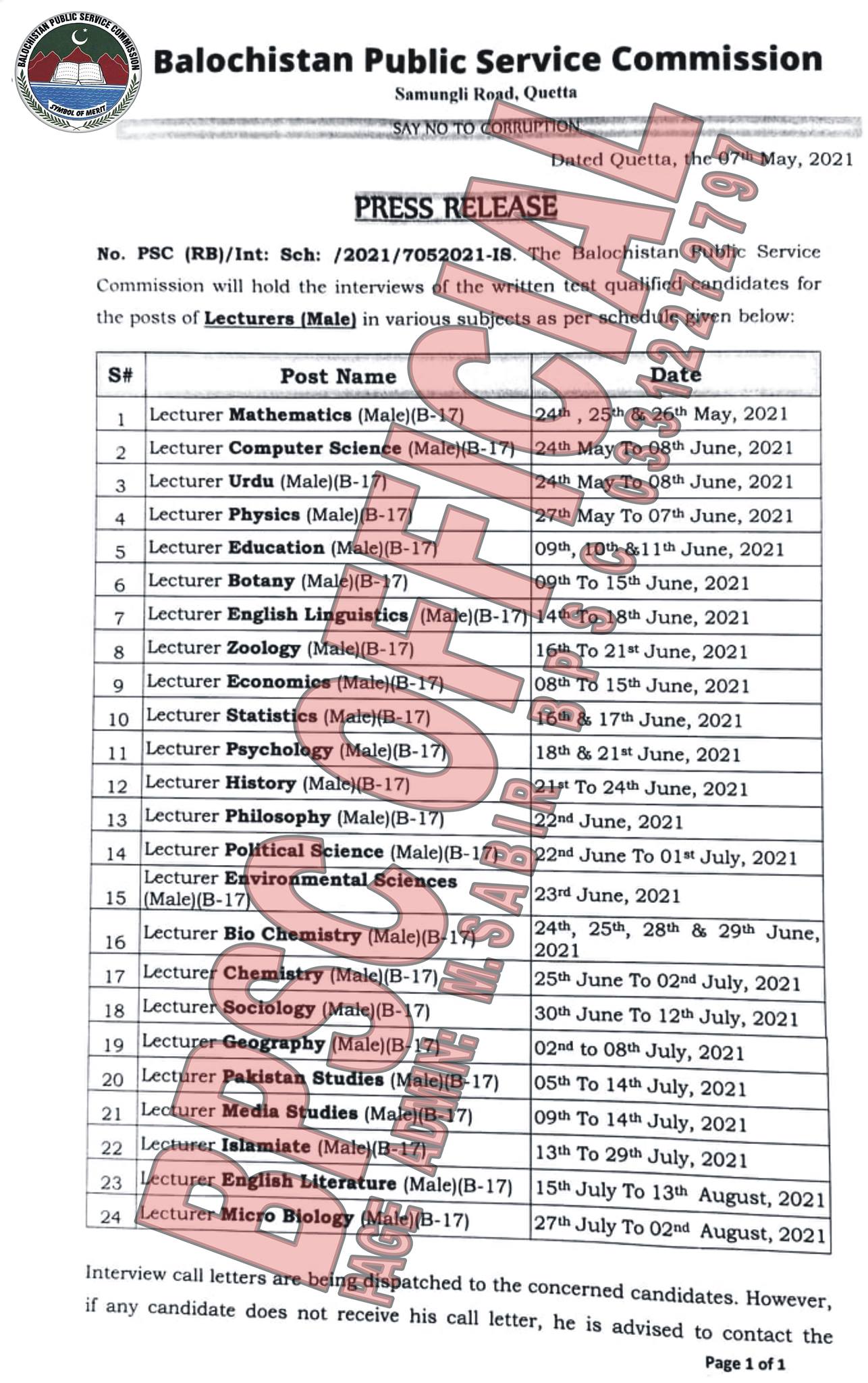 BPSC Lecturer Male Interview Schedule