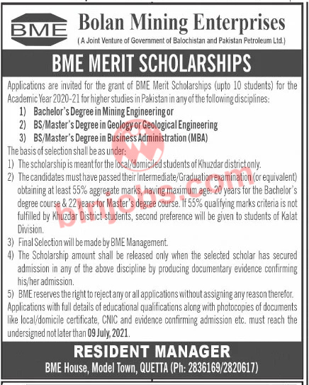 Bolan Mining Enterprises BME Merit Scholarship 2021