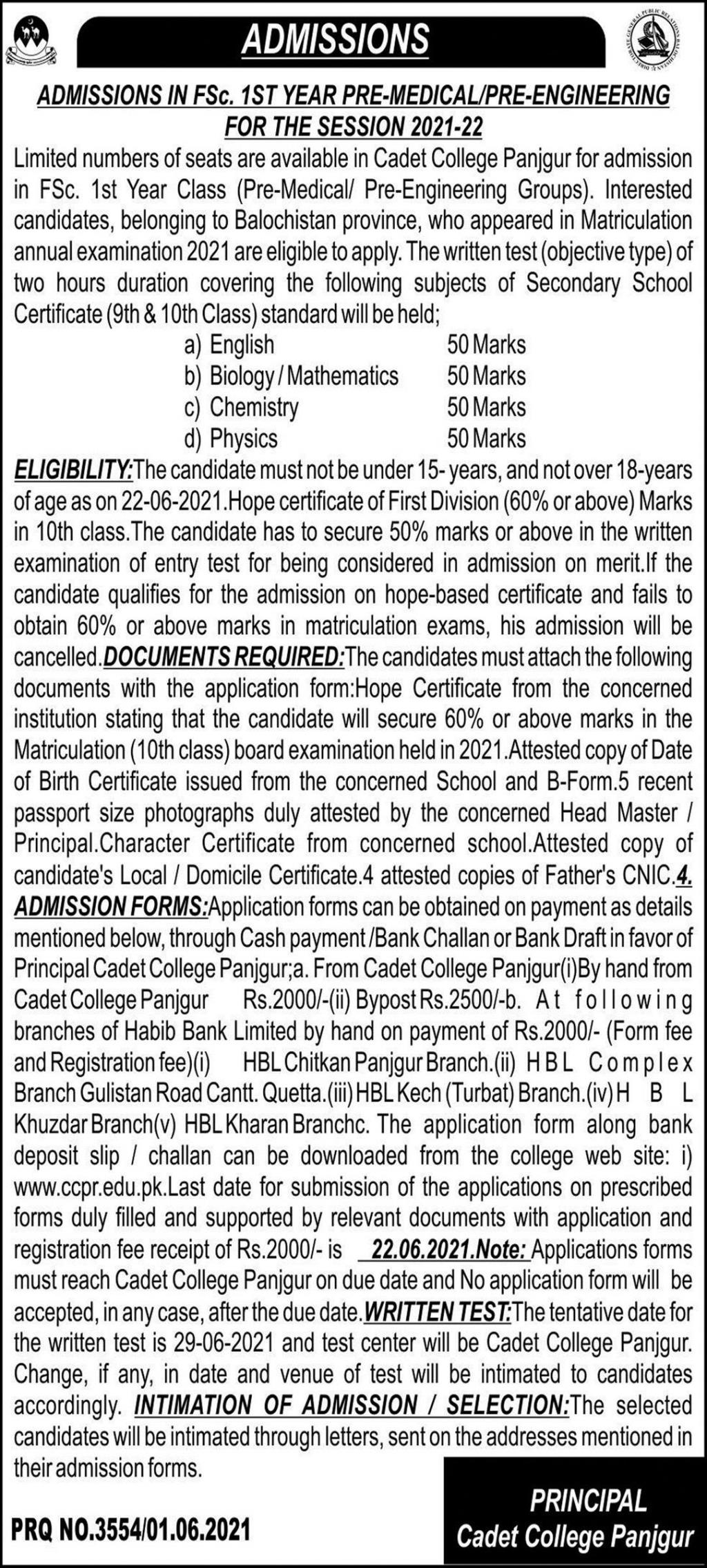 Cadet College Panjgur 1st Year Admissions 2021