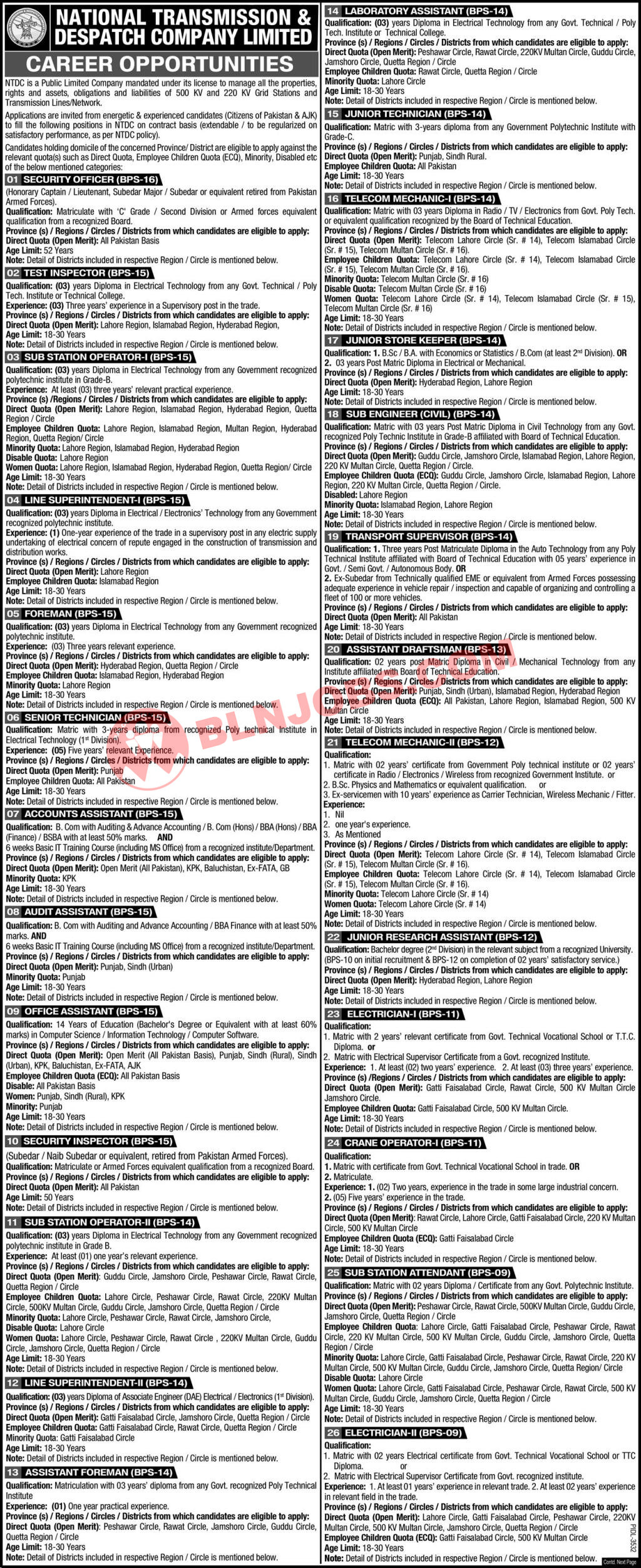 National Transmission and Despatch Company NTDC Jobs 2021