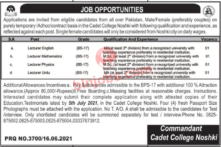 Cadet College Noshki Jobs 2021