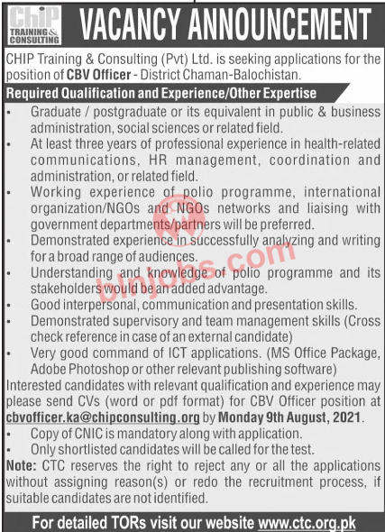 CHIP Training and Consulting CTC Chaman Jobs 2021