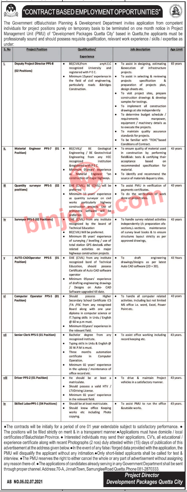 Planning and Development Department Balochistan Jobs 2021