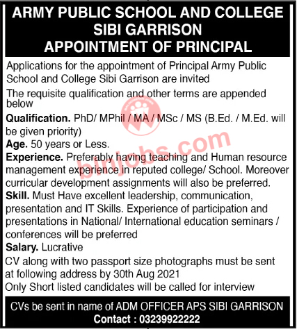 Army Public School and College Sibi Jobs 2021