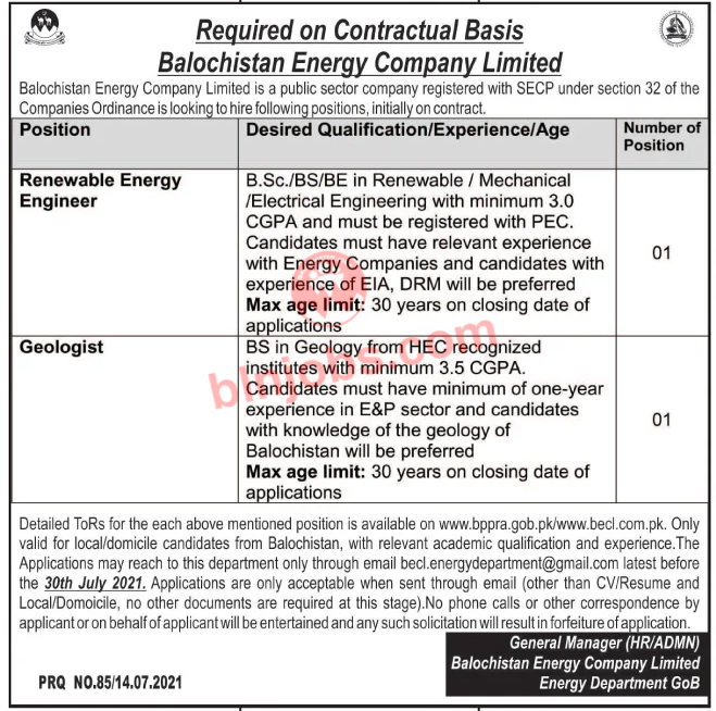 Jobs In Balochistan Energy Company Limited BECL 2021