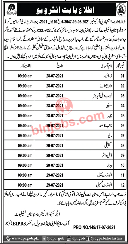 Balochistan Institute Of Psychiatry And Behavioral Sciences Quetta Jobs Interview Schedule 2021