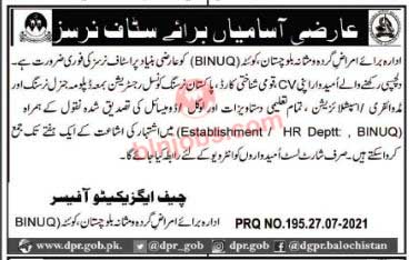 Balochistan Institute of Nephro Urology BINUQ Jobs 2021