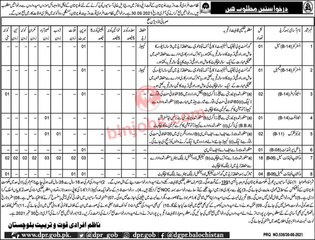 Directorate of Manpower and Training Jobs in Balochistan 2021