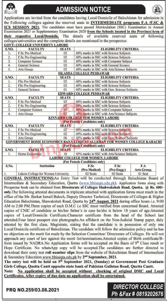 Directorate of Colleges & Higher Education Balochistan Intermediate Reserved Seats Admission 2021