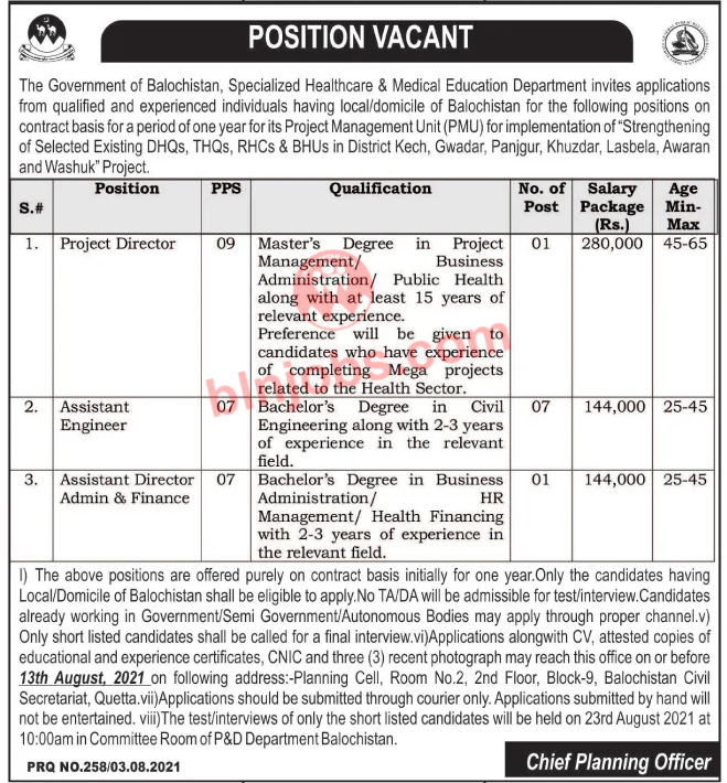 Specialized Healthcare and medical Education Department Balochistan Jobs 2021