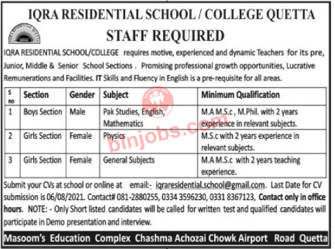 Iqra Residential School and College Quetta Jobs 2021