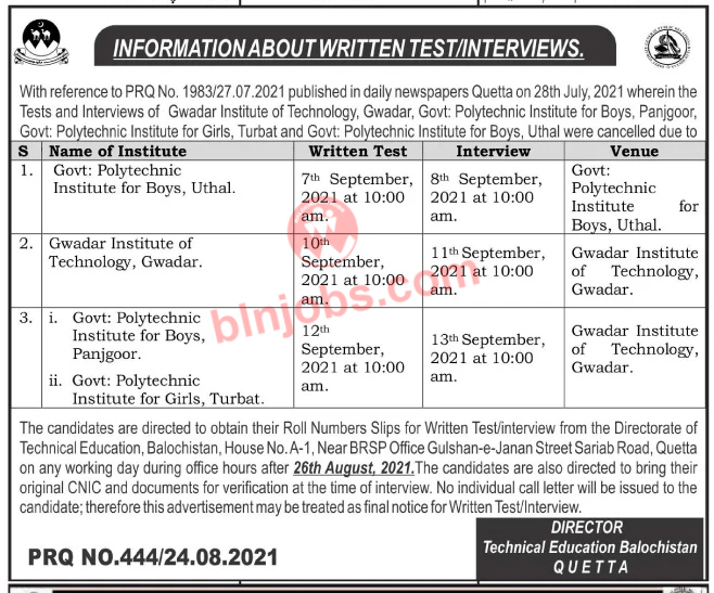 Technical Education Balochistan Jobs Test / Interviews Schedule 2021