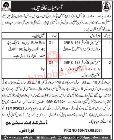 District and Session Court Loralai Jobs 2021
