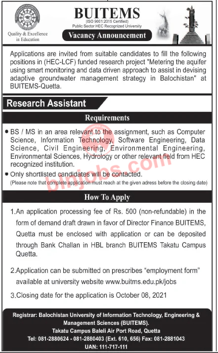 Balochistan University of Information Technology Engineering and Management Sciences BUITEMS Jobs 2021