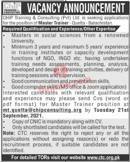 Chip Training and Consulting Pvt CTC Quetta Jobs 2021