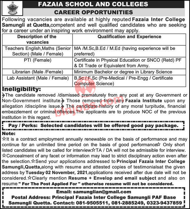 Fazaia School & Colleges Quetta Jobs 2021