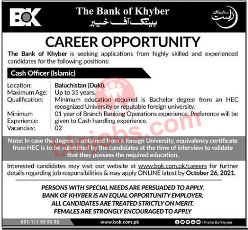 Bank of Khyber BOK Jobs in Duki 2021