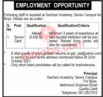 Senior Clerk Jobs in Garrison Academy Senior Campus for Boys Quetta 2021