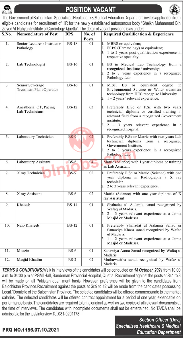 Specialized Healthcare and Medical Education Balochistan Jobs 2021