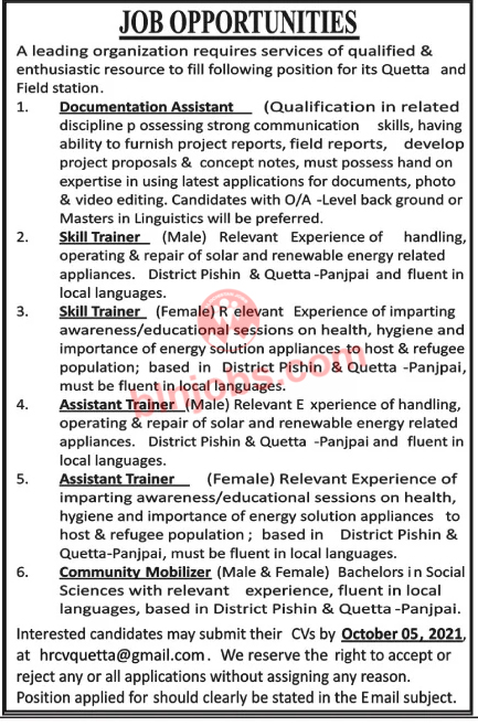 Leading Organization Jobs in Quetta 2021