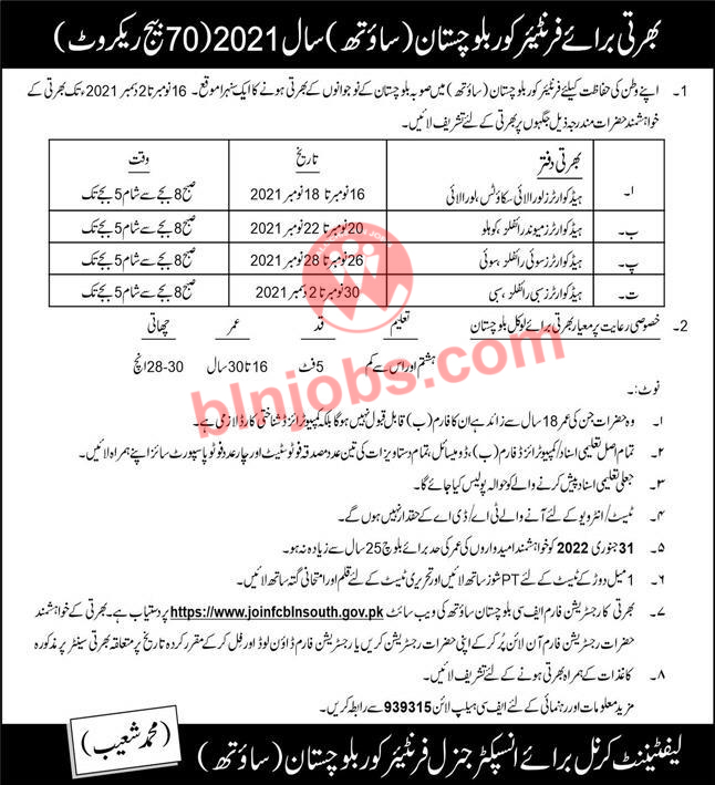 Frontier Corps FC South Balochistan Jobs 2021
